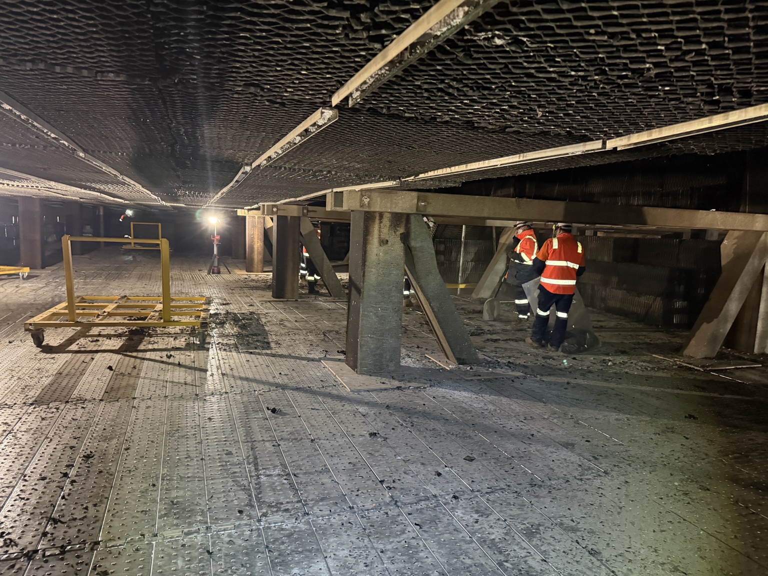 Work crew inside the Mount Piper cooling tower